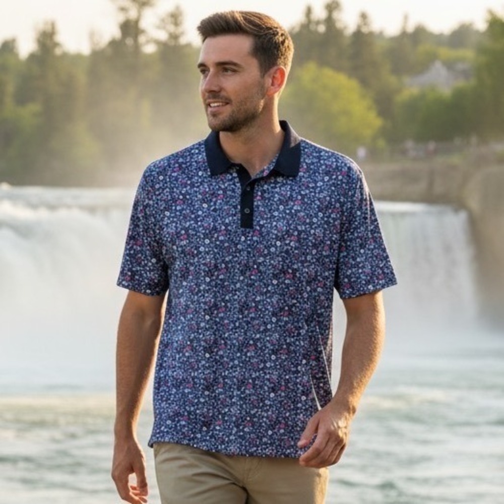 Graham‎ Luxe Maddox Mens XL Blue Floral Performance Golf Polo Shirt GL11424